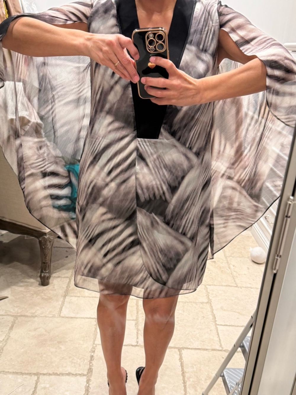 Halston Heritage Black and Ivory Abstract Midi Dress